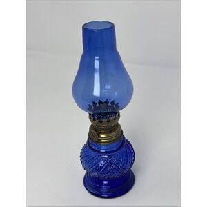Miniature Blue Hurricane  Glass Oil Lamp W/Chimney Vintage Hong Kong 1960's